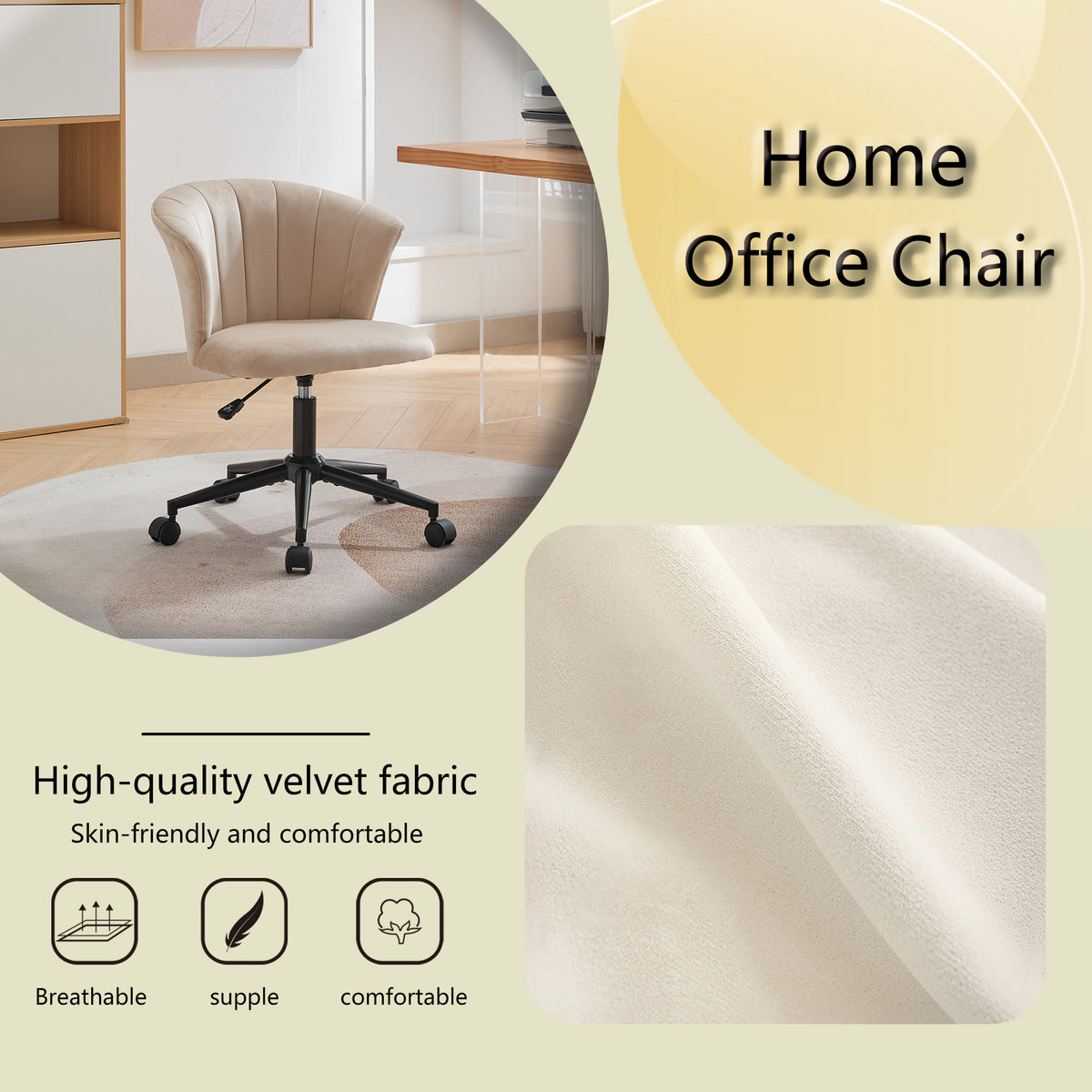 Velvet fabric home office chair with swivel flower shape design, suitable for desk work in home or bedroom settings.