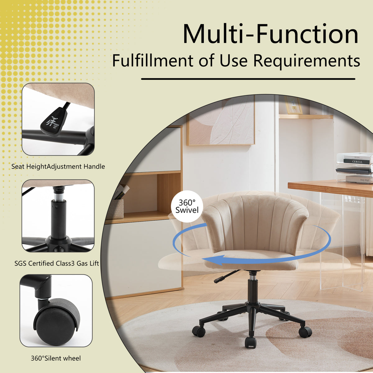 Velvet fabric swivel home office chair with flower-shaped design, ideal for bedroom or workspace by American Smart EP.
