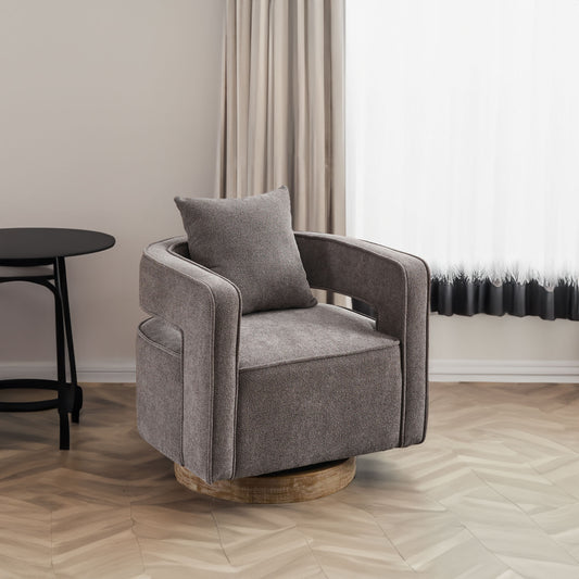 Charcoal linen blend swivel accent chair with open back and weathered base, modern and comfortable for contemporary living spaces.