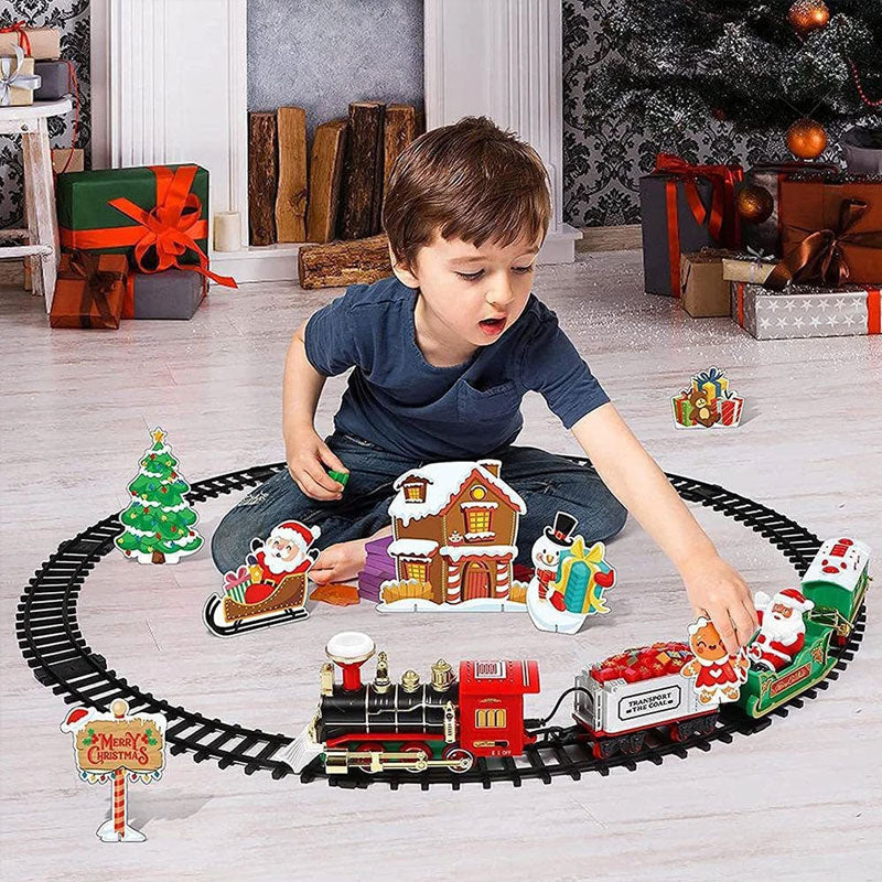 American Smart 2025 Christmas train and tree decor set featuring a Santa-themed track train with music for kids' holiday decoration.