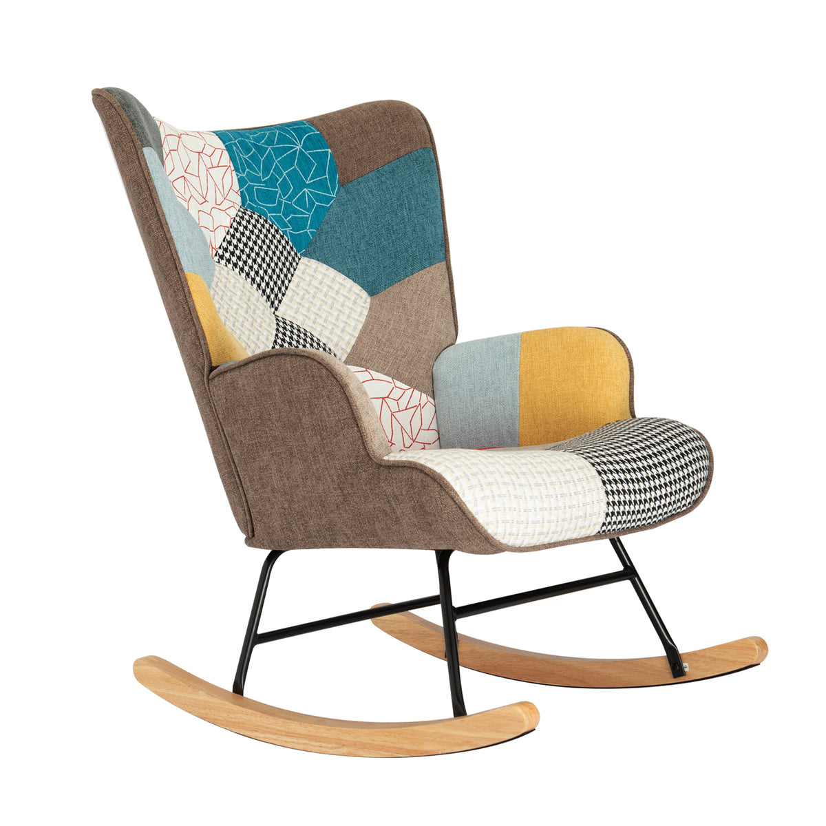 Mid-century fabric rocking chair with wood legs and patchwork linen ottoman, perfect for living room or bedroom decor.