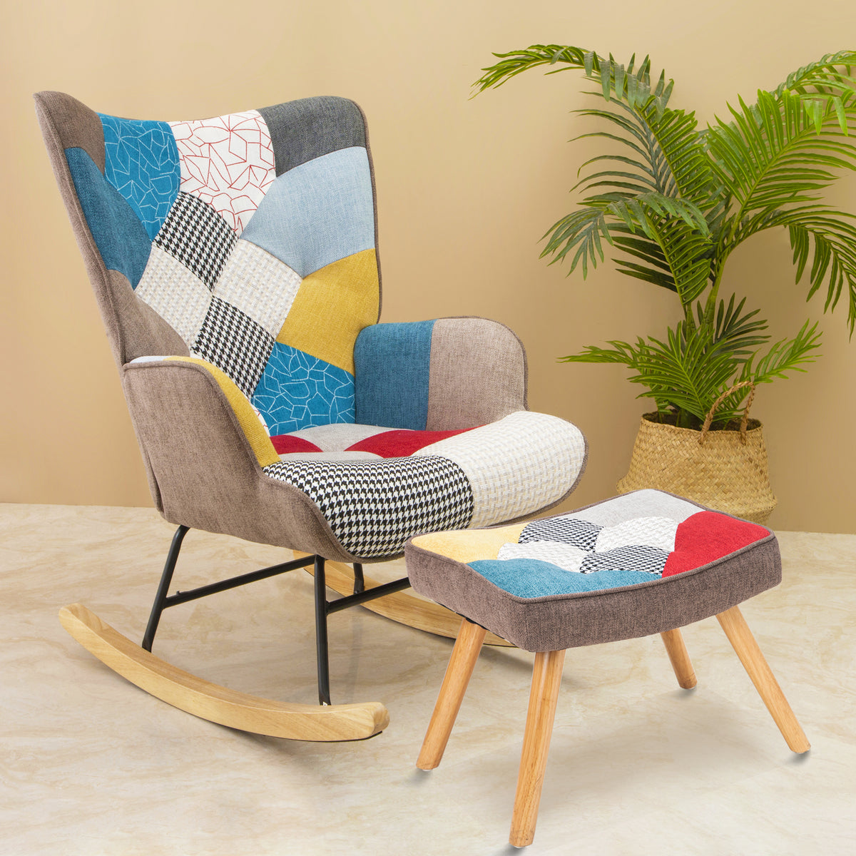 Mid-century fabric rocking chair with wood legs and patchwork linen ottoman, ideal for living room or bedroom decor.