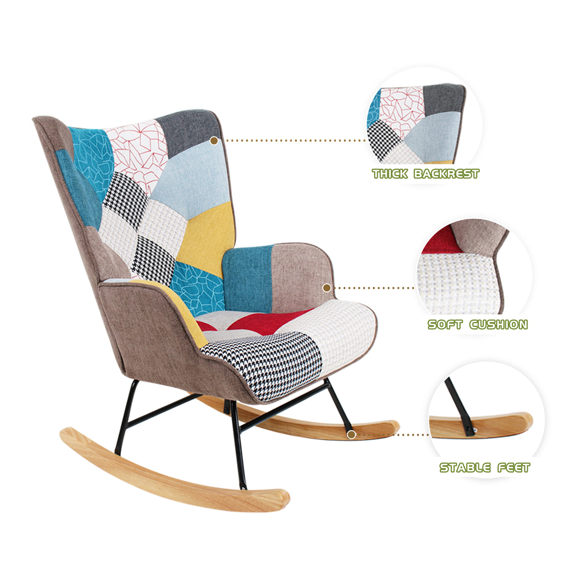 Mid-century fabric rocking chair with wood legs and patchwork linen ottoman, ideal for living room or bedroom decor.