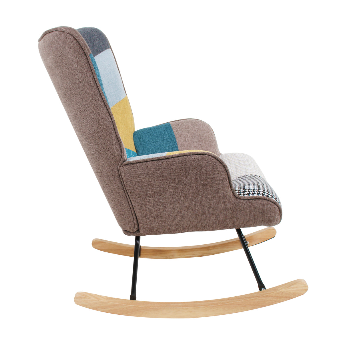 Mid-century fabric rocking chair with wooden legs and patchwork linen, includes matching ottoman for living room or bedroom decor