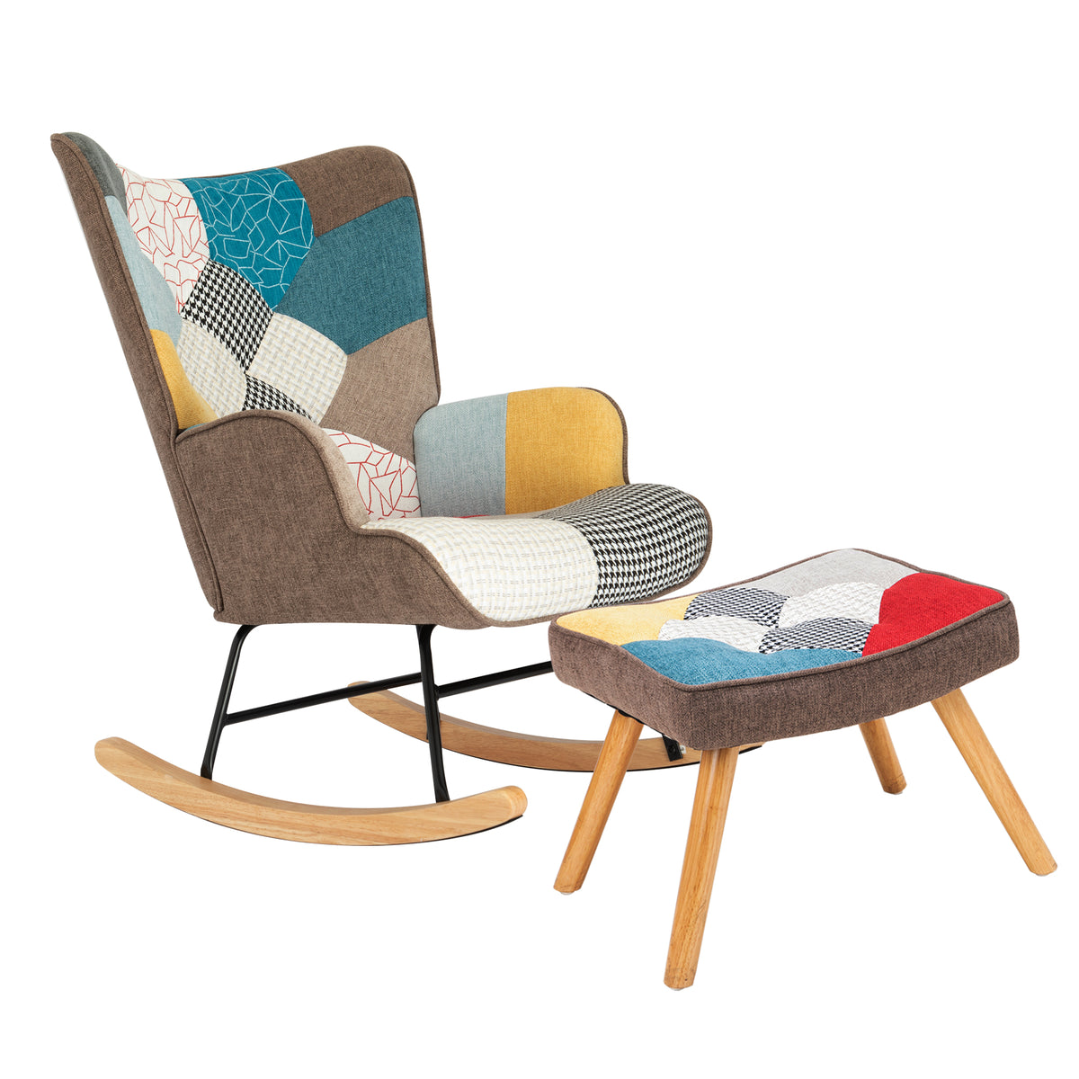 Mid-century fabric rocking chair with wood legs and patchwork linen ottoman, perfect for living room or bedroom decor.