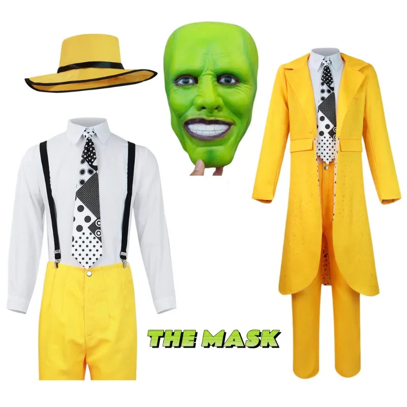 Yellow trench coat and Jim Carrey clown mask from The Mask cosplay costume, featuring a carnival-style outfit for men.