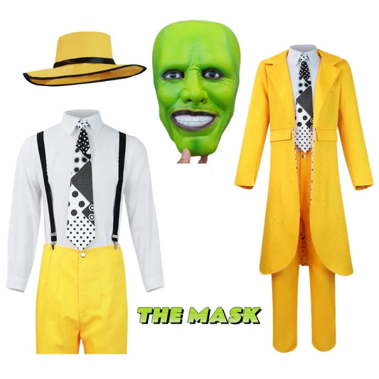 Yellow trench coat and Jim Carrey clown mask from The Mask cosplay costume, featuring a carnival-style outfit for men.