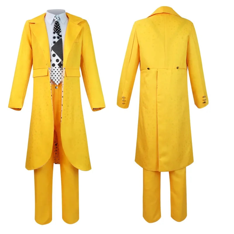 Yellow Jim Carrey clown mask cosplay costume with trench hat, perfect for Halloween, carnival, or costume parties.