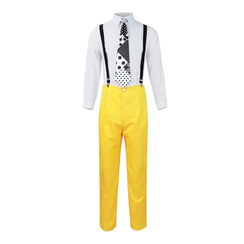 Yellow Jim Carrey mask with clown features from The Mask cosplay costume, including trench coat and accessories for Halloween or parties.