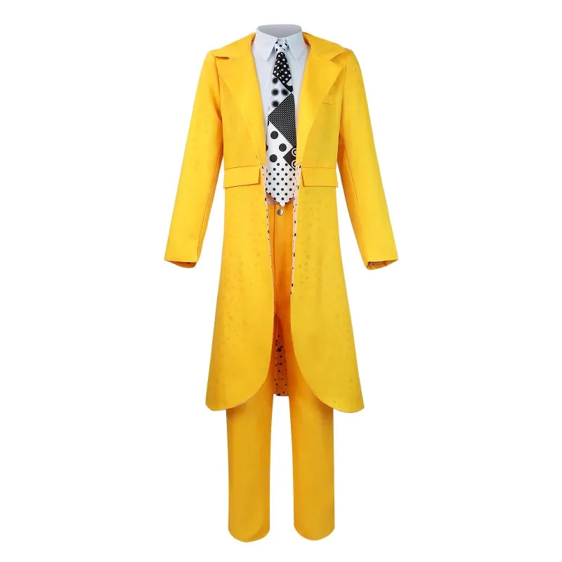 Yellow Jim Carrey clown mask from The Mask cosplay costume, featuring a trench hat and carnival-themed details for men.