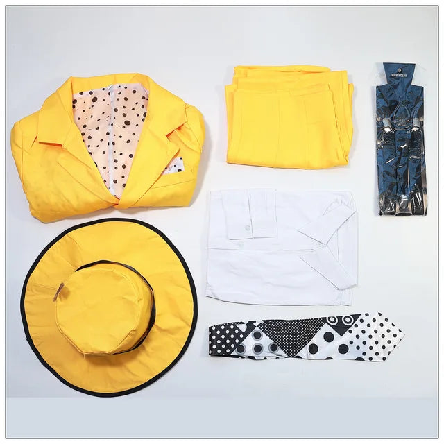 Yellow clown mask with Jim Carrey cosplay costume, including trench hat and carnival outfit for men, suitable for Halloween or parties.