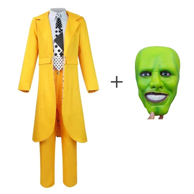 Yellow clown mask from The Mask Jim Carrey cosplay costume featuring a trench hat, for men, ideal for Halloween and carnival parties.