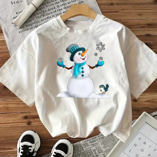 American Smart EP snowman cotton women's short sleeve top with festive Christmas design and fashion style.