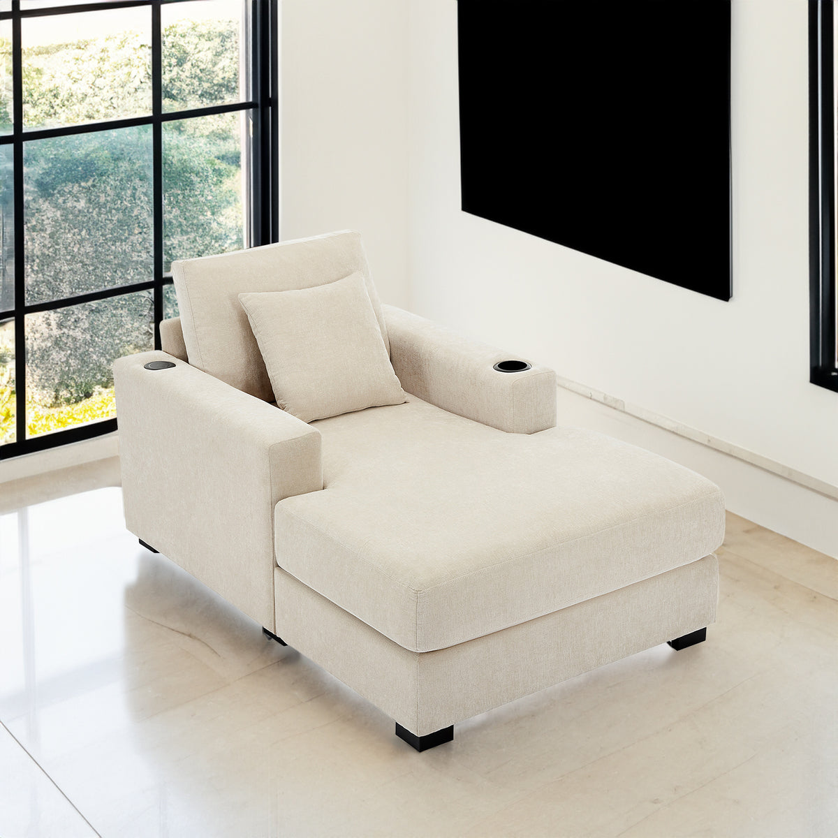 Cream oversized chaise lounge sofa by American Smart with pillows, charge station, cup holders, and chenille fabric.