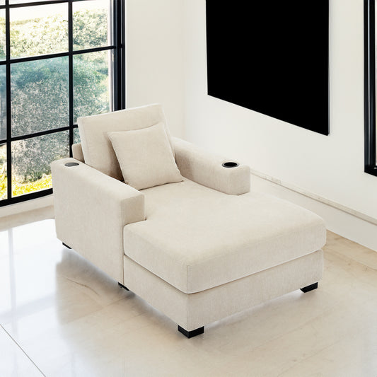 Cream oversized chaise lounge sofa by American Smart with pillows, charge station, cup holders, and chenille fabric.