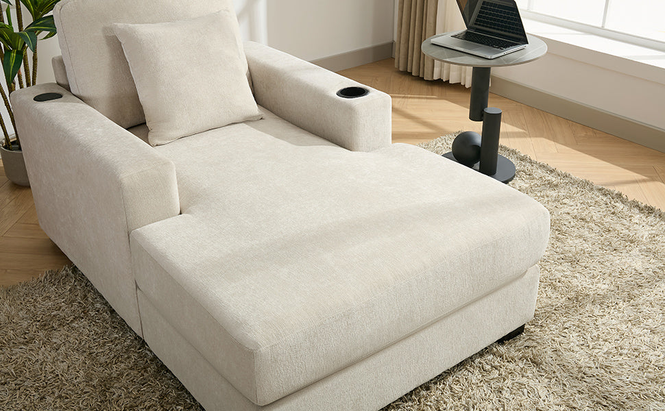 Cream oversized chaise lounge sofa with pillows, charge station, and cup holders in modern chenille fabric by American Smart.