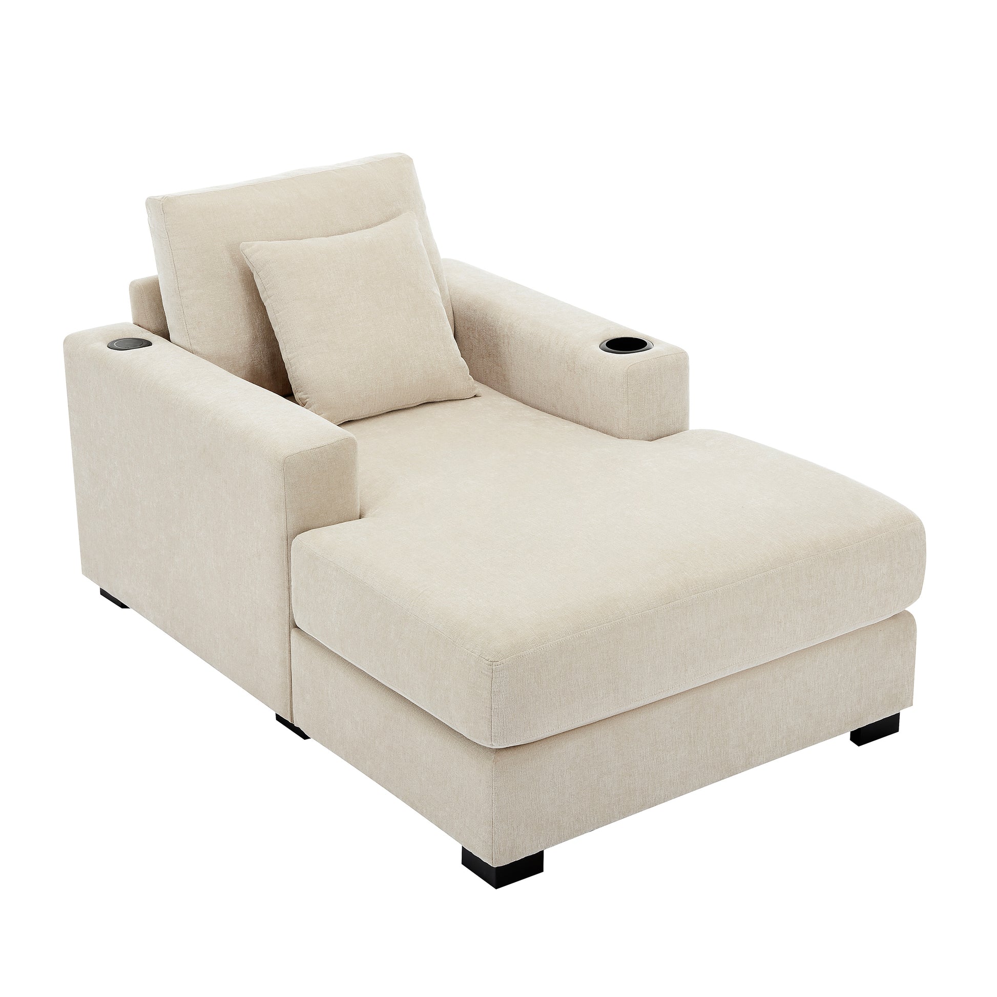 Cream oversized chaise lounge sofa by American Smart with pillows, charge station, cup holders, and chenille fabric in modern style.