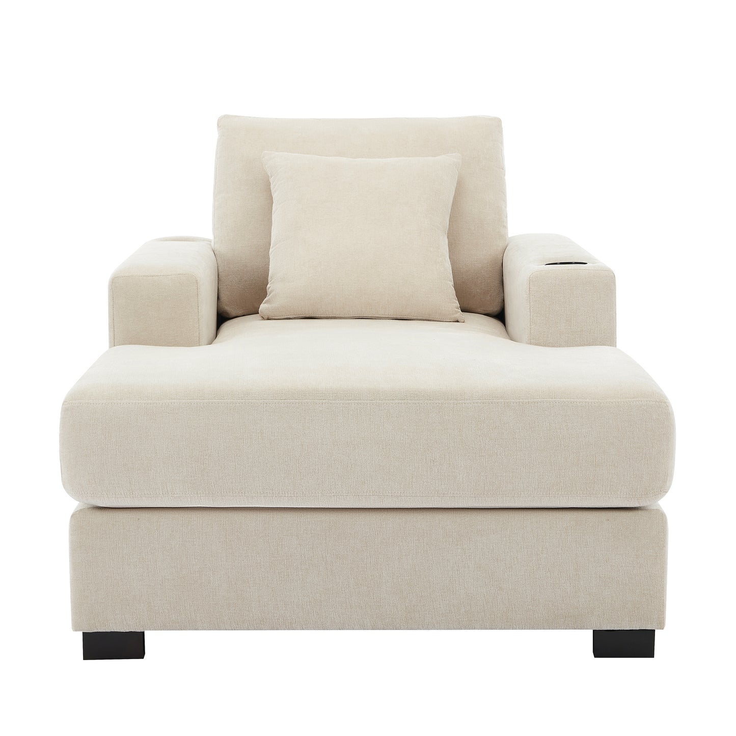 Cream oversized chaise lounge sofa by American Smart with pillows, charge station, cup holders, and chenille fabric.