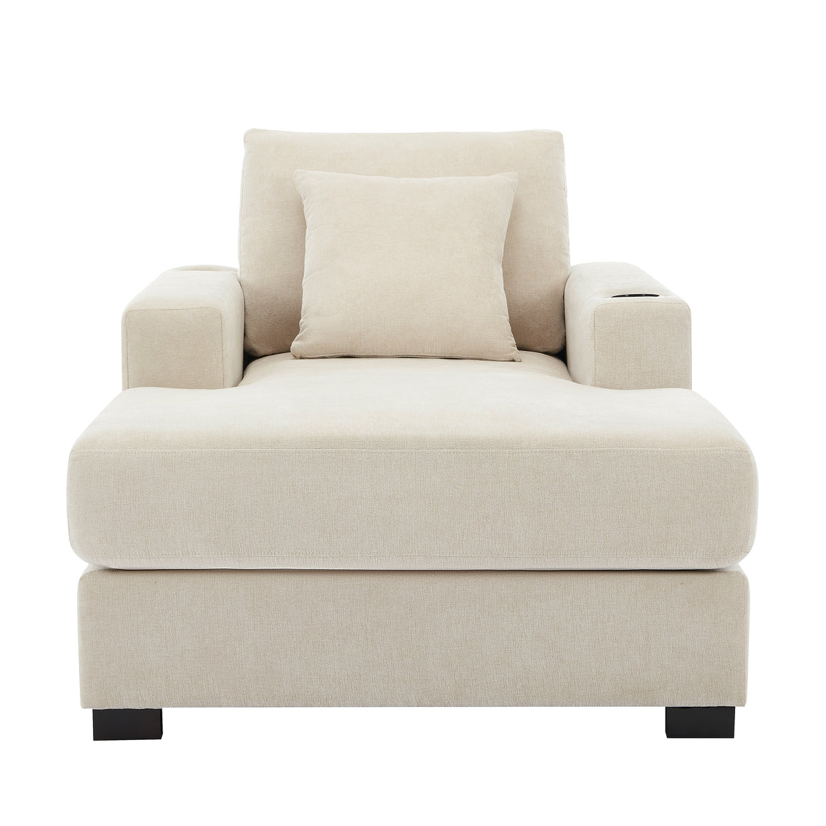 Cream oversized chaise lounge sofa by American Smart with pillows, charge station, cup holders, and chenille fabric.