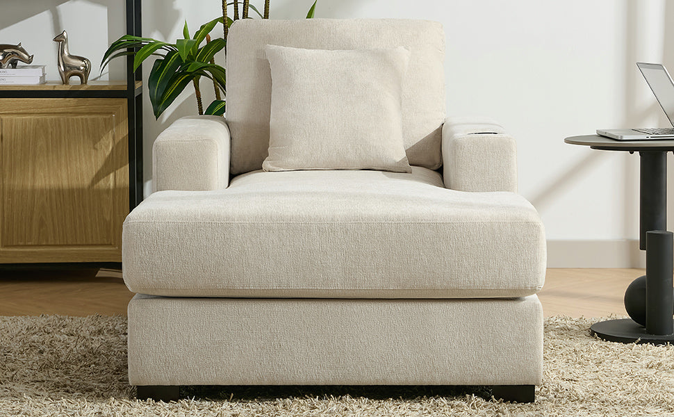Cream oversized chaise lounge sofa with pillows, charge station, cup holders, modern style, chenille fabric from American Smart EP.