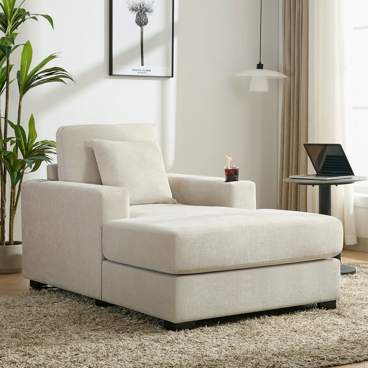Cream oversized chaise lounge sofa with pillows, charge station, cup holders, modern style, chenille fabric, by American Smart EP.