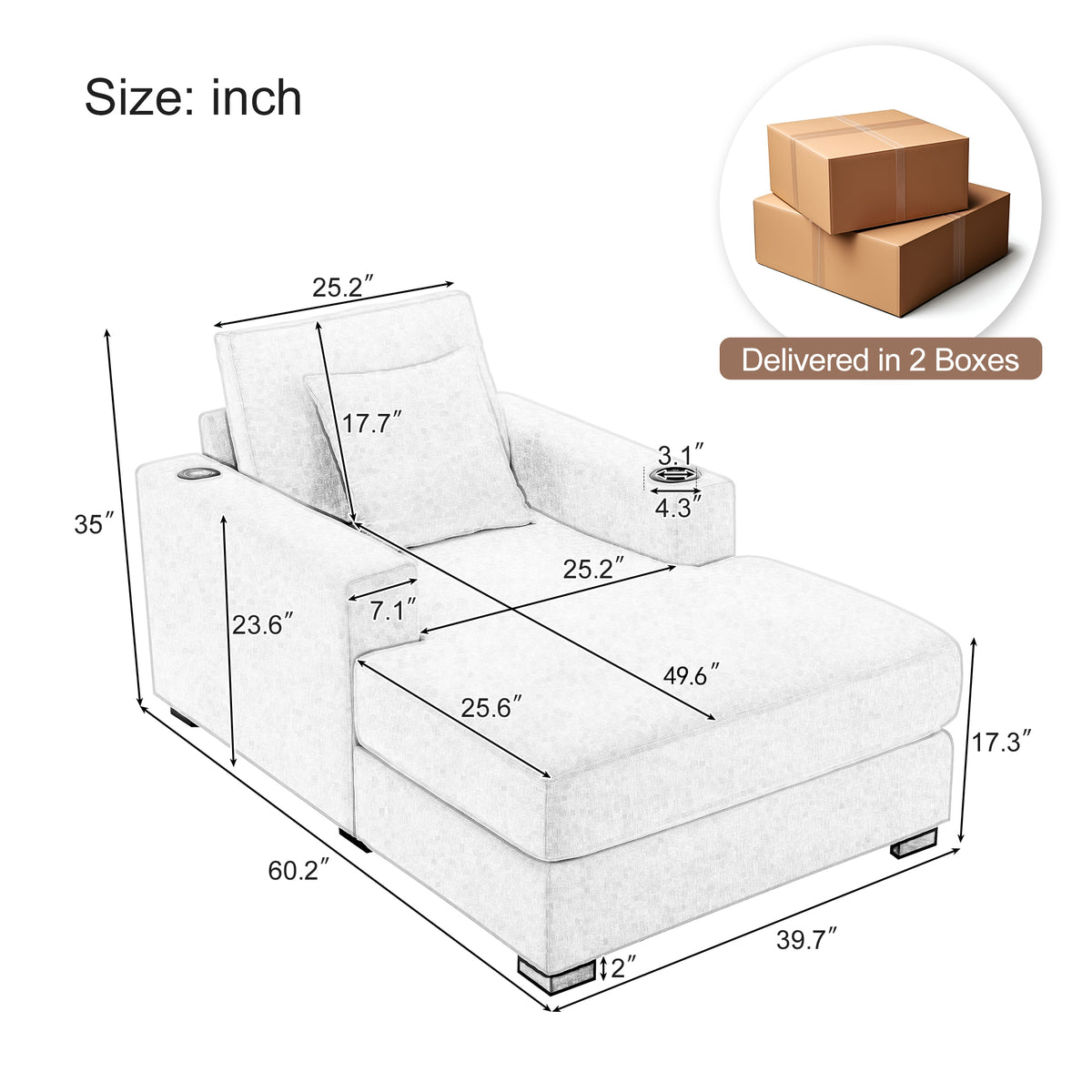 Cream oversized chaise lounge sofa with pillows, charge station, and cup holders in modern chenille fabric by American Smart EP