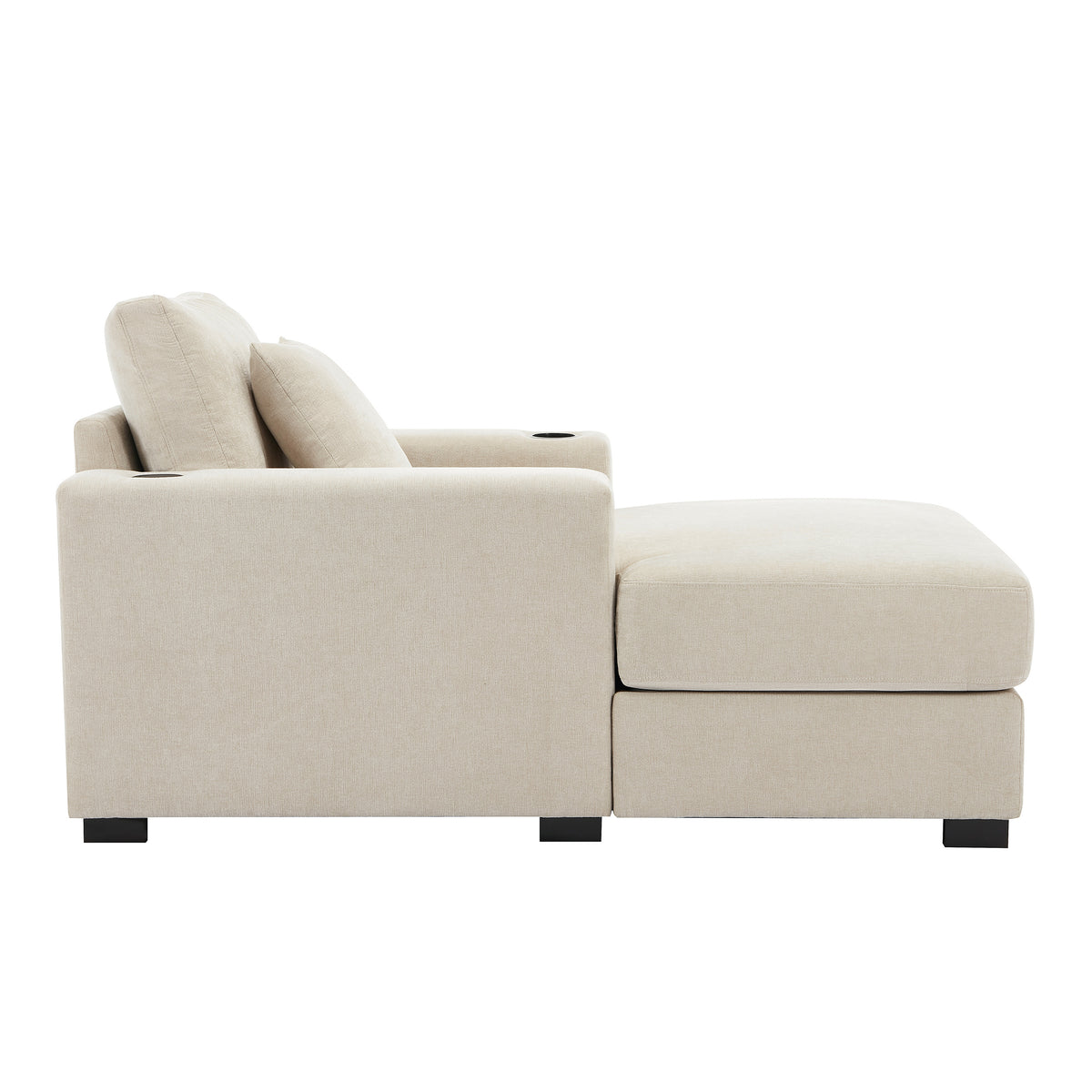 Cream oversized chaise lounge sofa with pillows, charge station, cup holders, modern style, chenille fabric by American Smart EP.