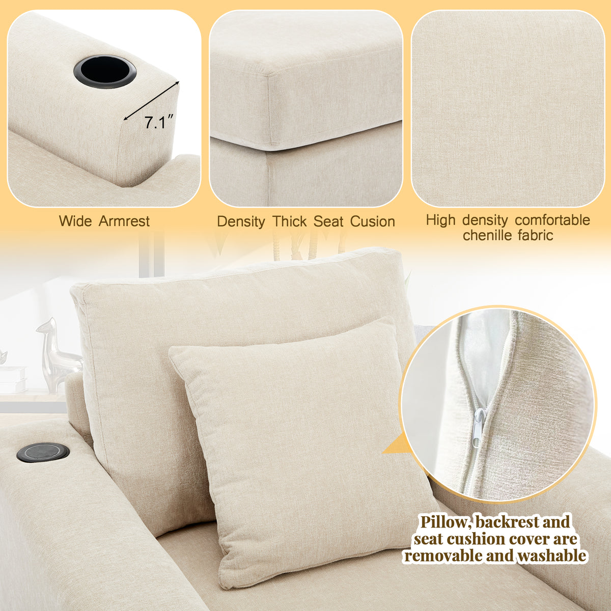 Cream oversized chaise lounge sofa with pillows, charge station, and cup holders in modern style with chenille fabric from American Smart.