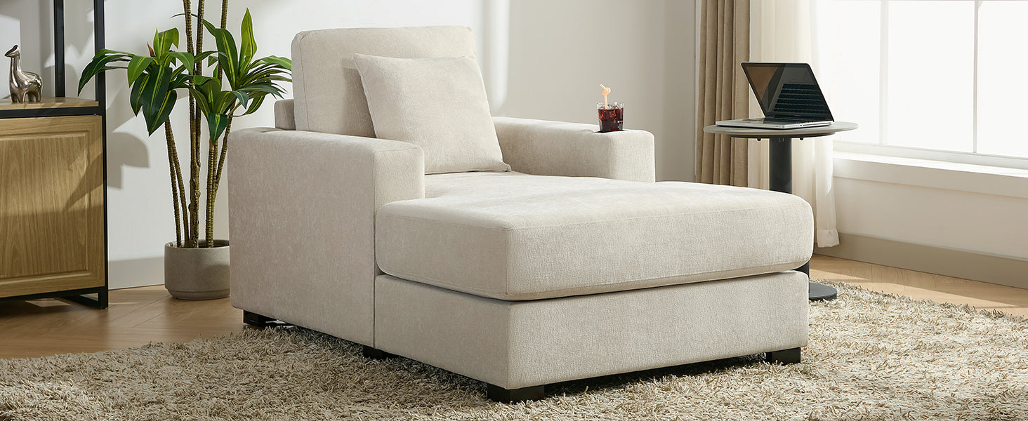 Cream chenille oversized chaise lounger sofa from American Smart with pillows, charge station, and cup holders.