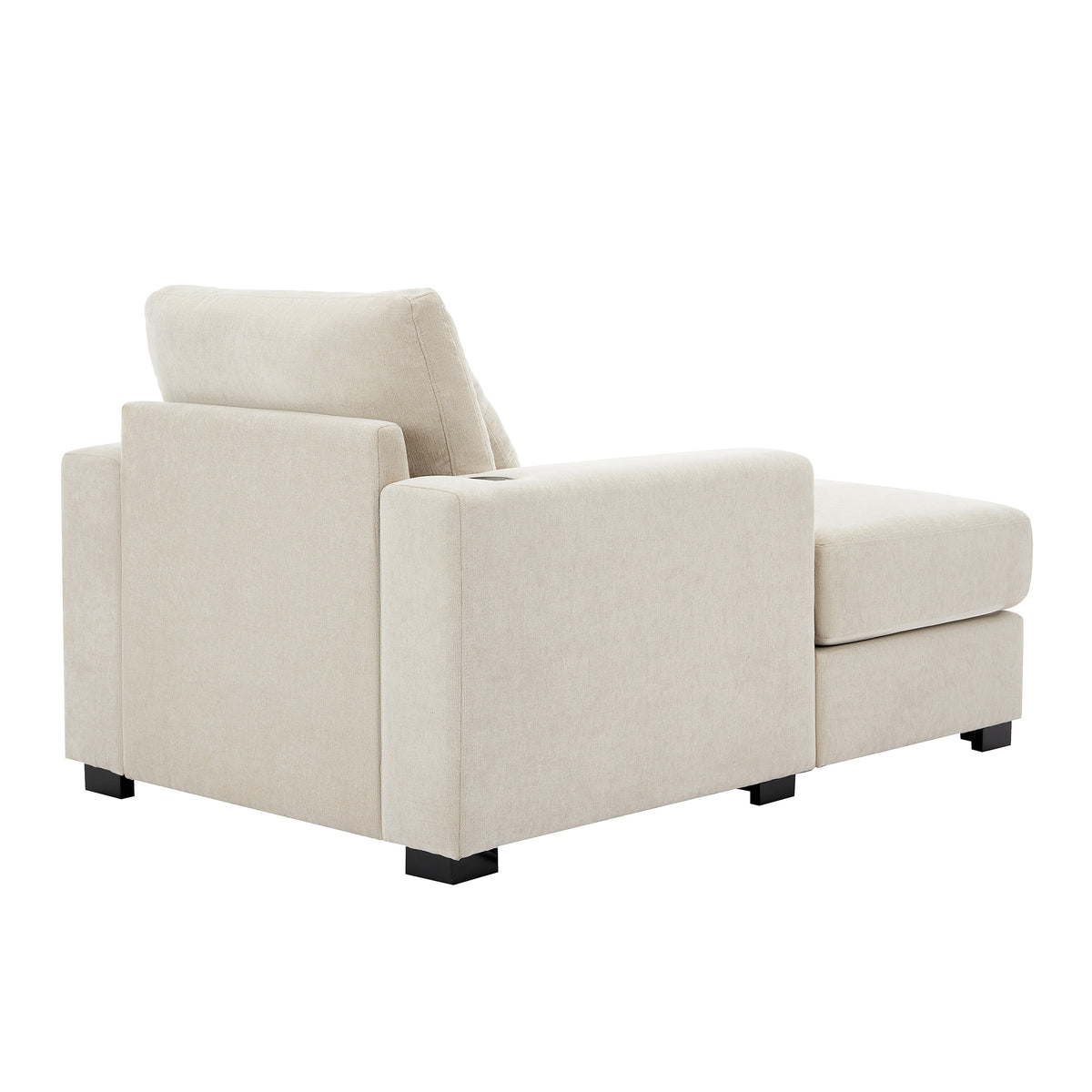 Cream oversized chaise lounge sofa with pillows, charge station, cup holders, modern style, chenille fabric by American Smart EP.