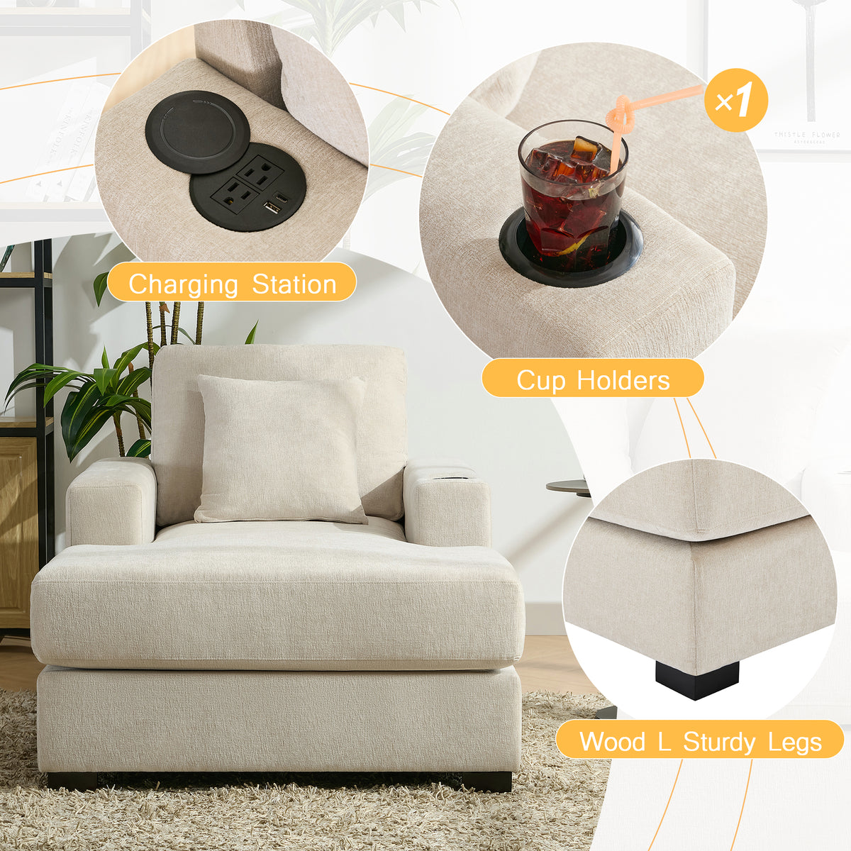 Cream oversized chaise lounge sofa with pillows, charge station, and cup holders in modern style, featuring soft chenille fabric.