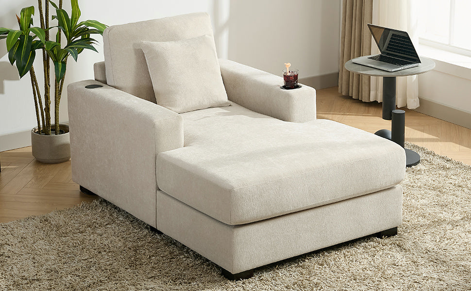 Cream oversized chaise lounge sofa with pillows, charge station, cup holders, in modern chenille fabric style.