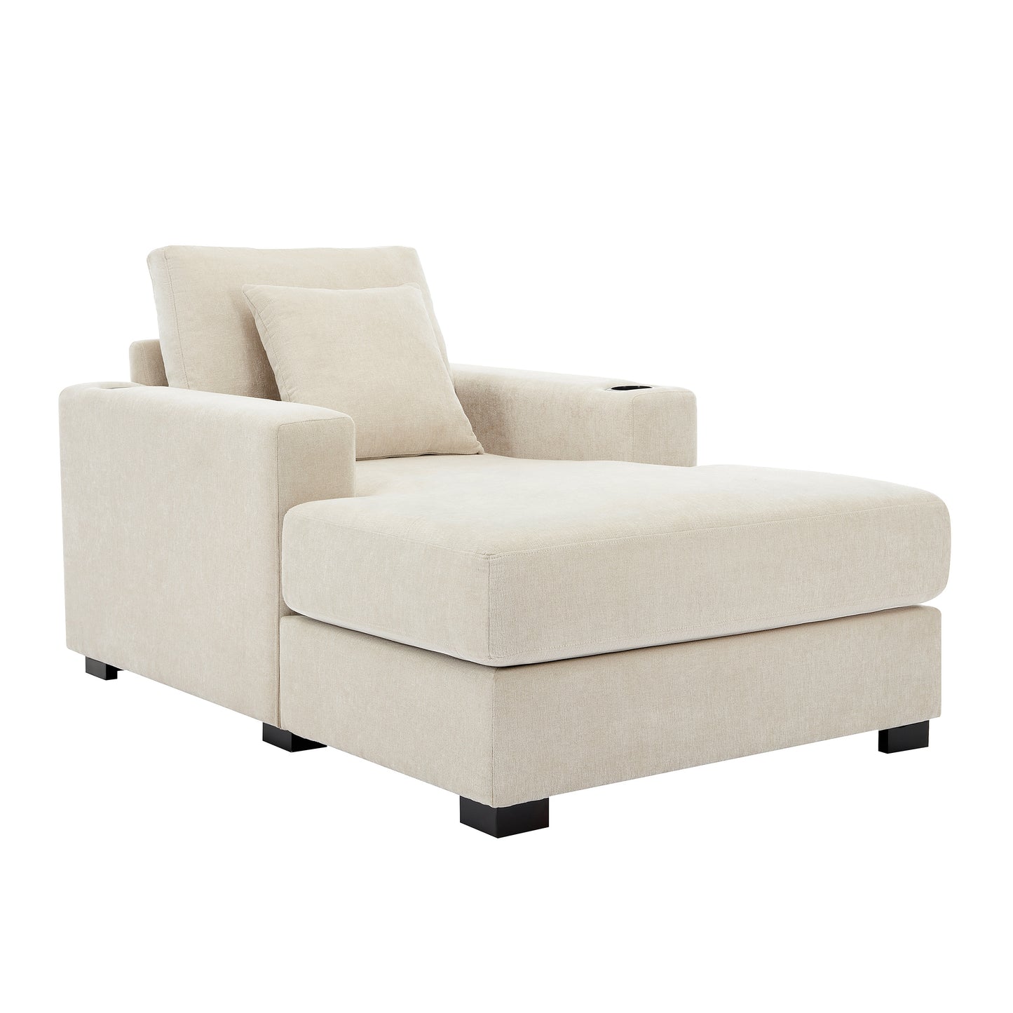 Cream oversized chaise lounger sofa by American Smart with pillows, charge station, cup holders, and chenille fabric.