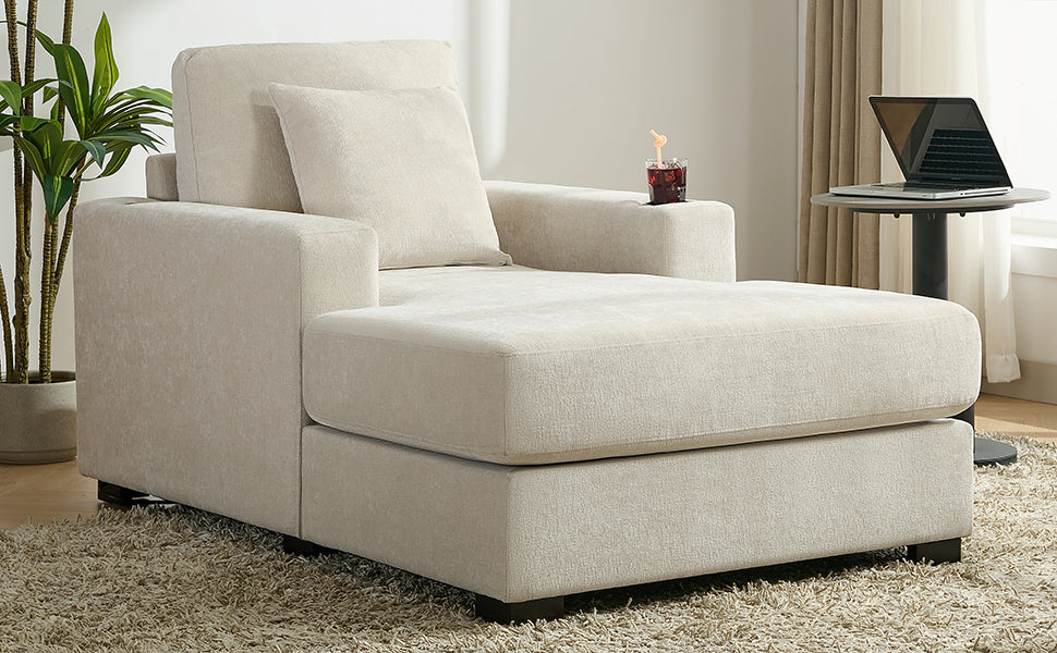 Cream oversized chaise lounge sofa with pillows, charge station, cup holders, modern style, chenille fabric from American Smart EP.