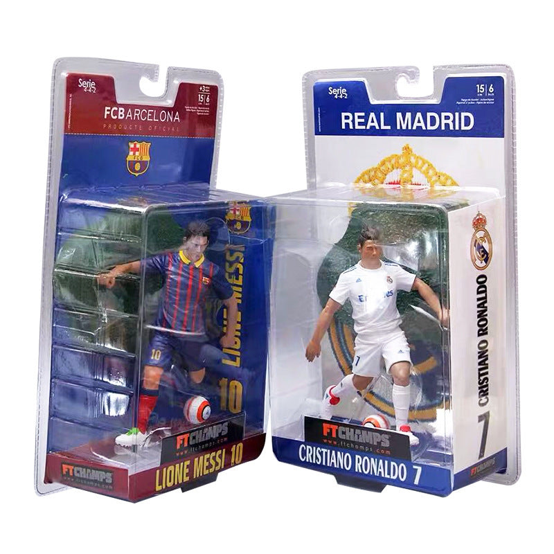 Cristiano Ronaldo and Lionel Messi football fan commemorative figurines, featuring Barcelona and Real Madrid team details, by American Smart.