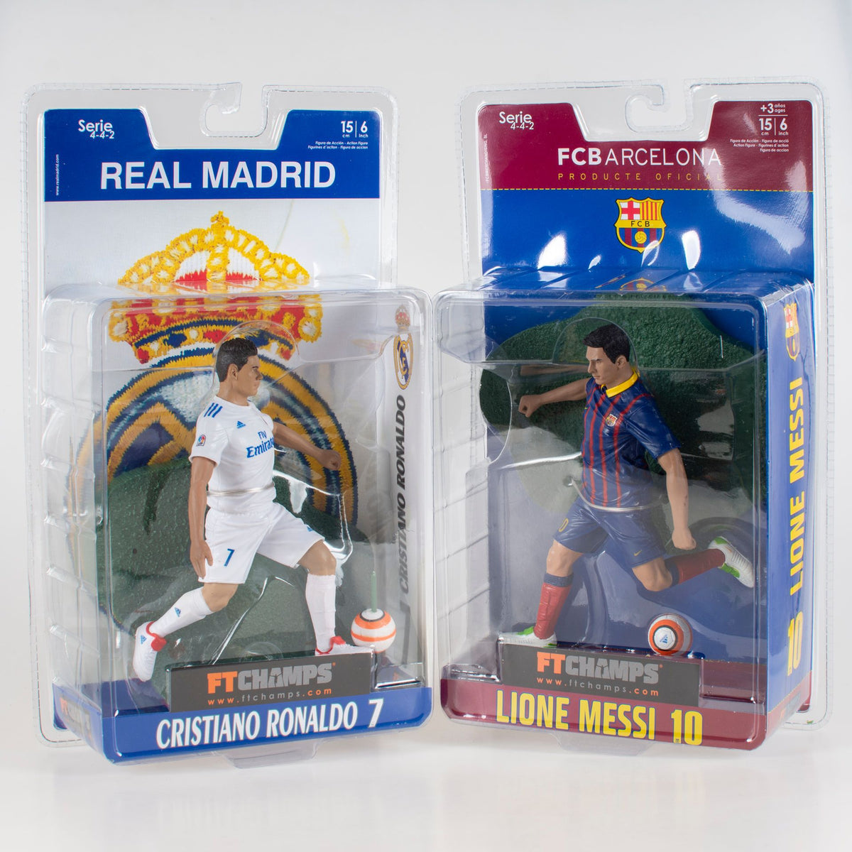 Cricket football fan figurines of Cristiano Ronaldo and Lionel Messi in Barcelona and Real Madrid jerseys, celebrating football stars.
