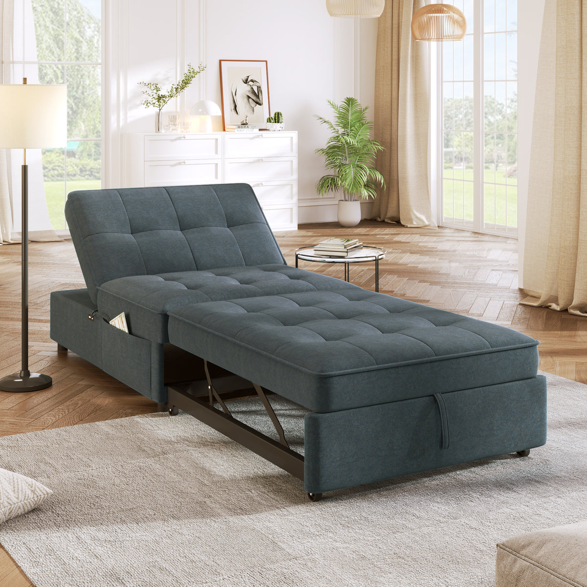 Dark blue American Smart four-in-one sofa bed with fold-out chair, storage, and USB port, shown as a multifunctional sofa with ottoman.