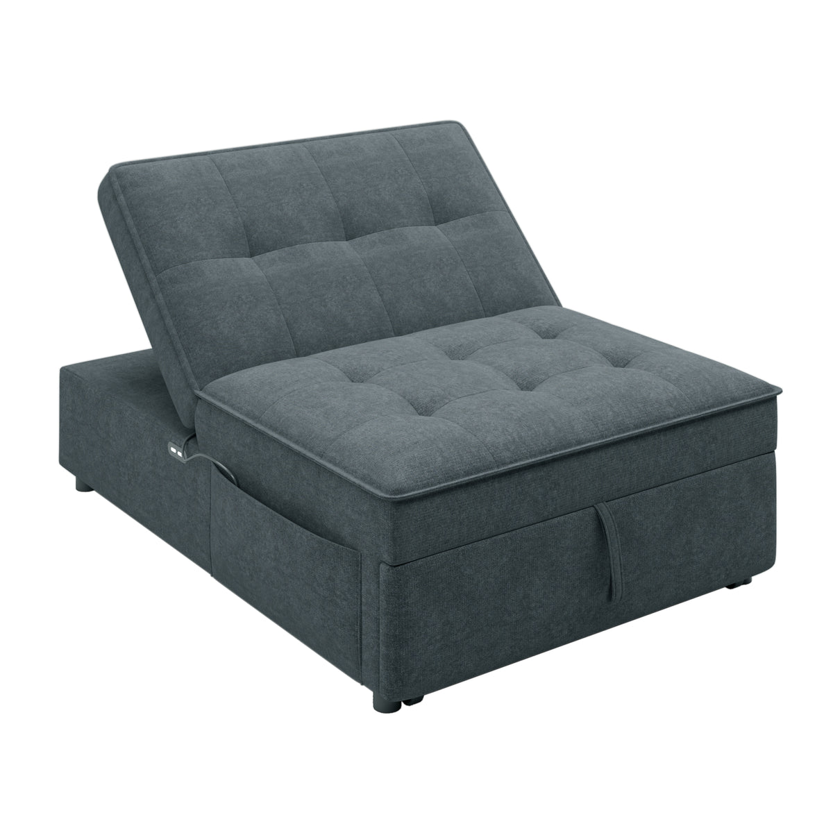 Dark blue American Smart four-in-one sofa bed with chair bed, folding Ottoman, storage bag, and USB port, versatile and space-saving.
