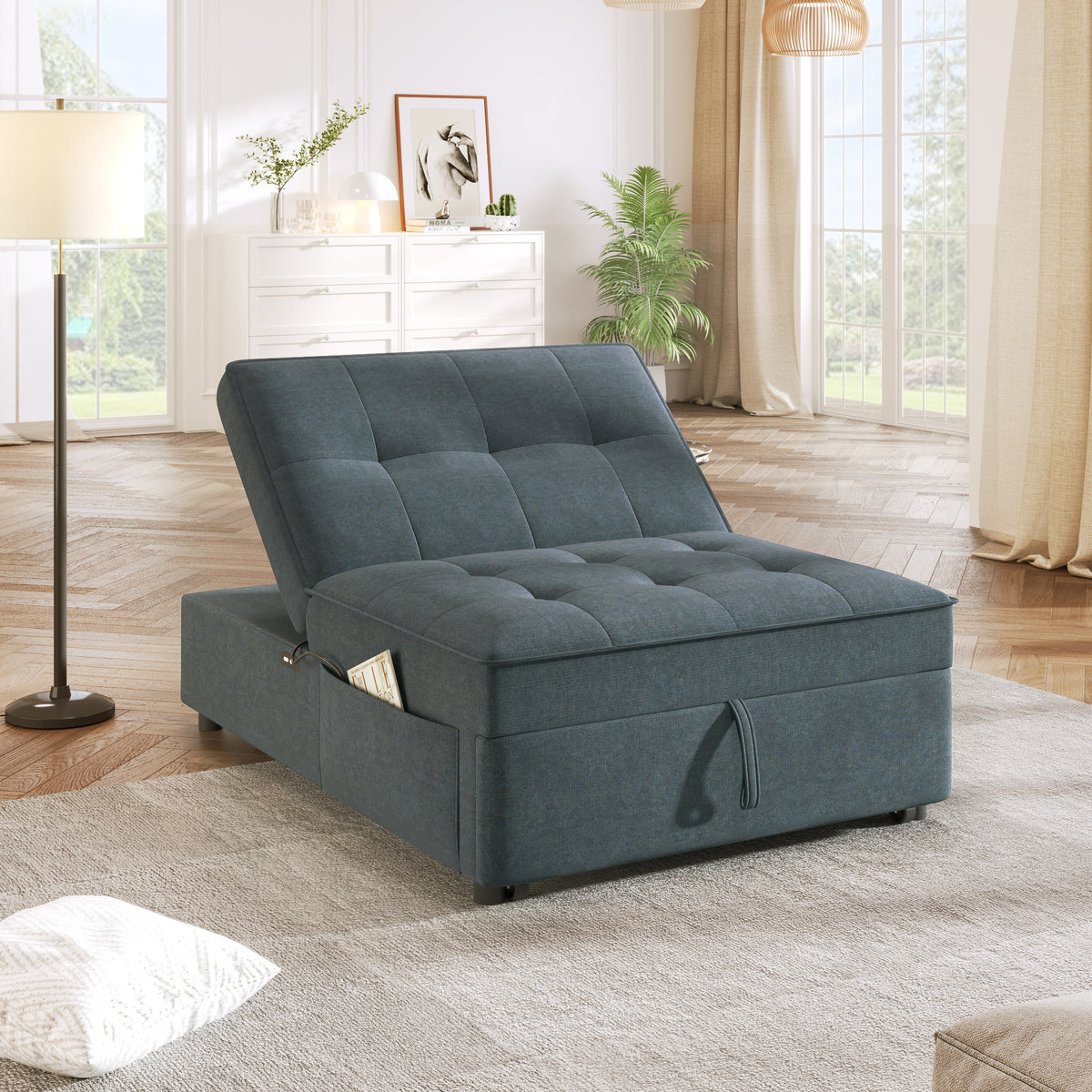 Dark blue four-in-one sofa bed, multifunctional chair bed with storage and USB port, by American Smart EP, showing the folded and open positions.