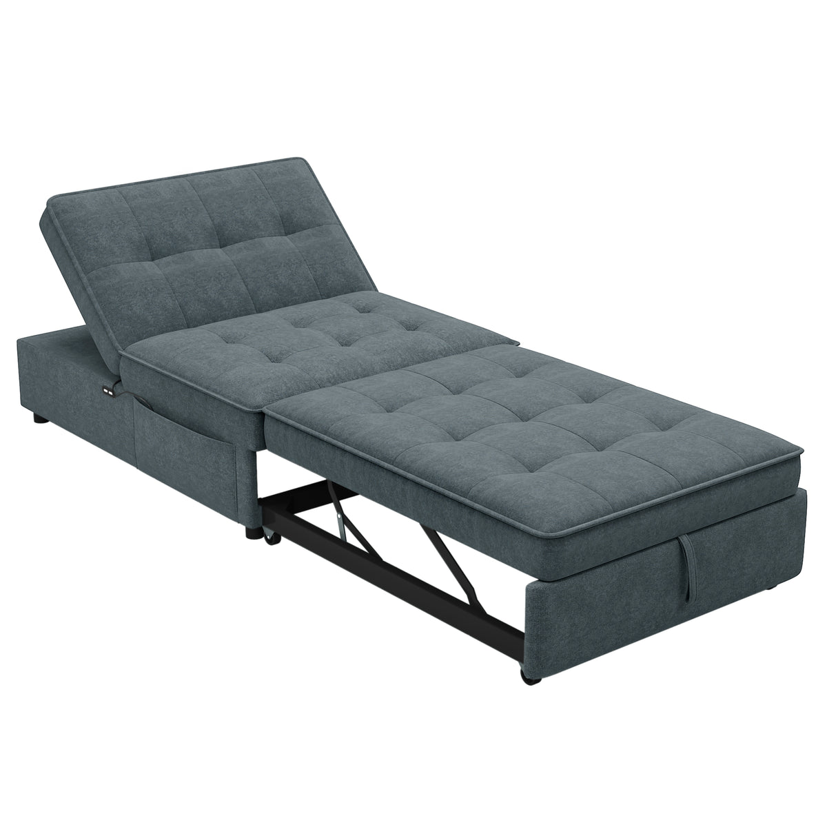 Dark blue American Smart four-in-one sofa bed with chair bed, folding ottoman, storage bag, and USB port, showcasing its multifunctional design.