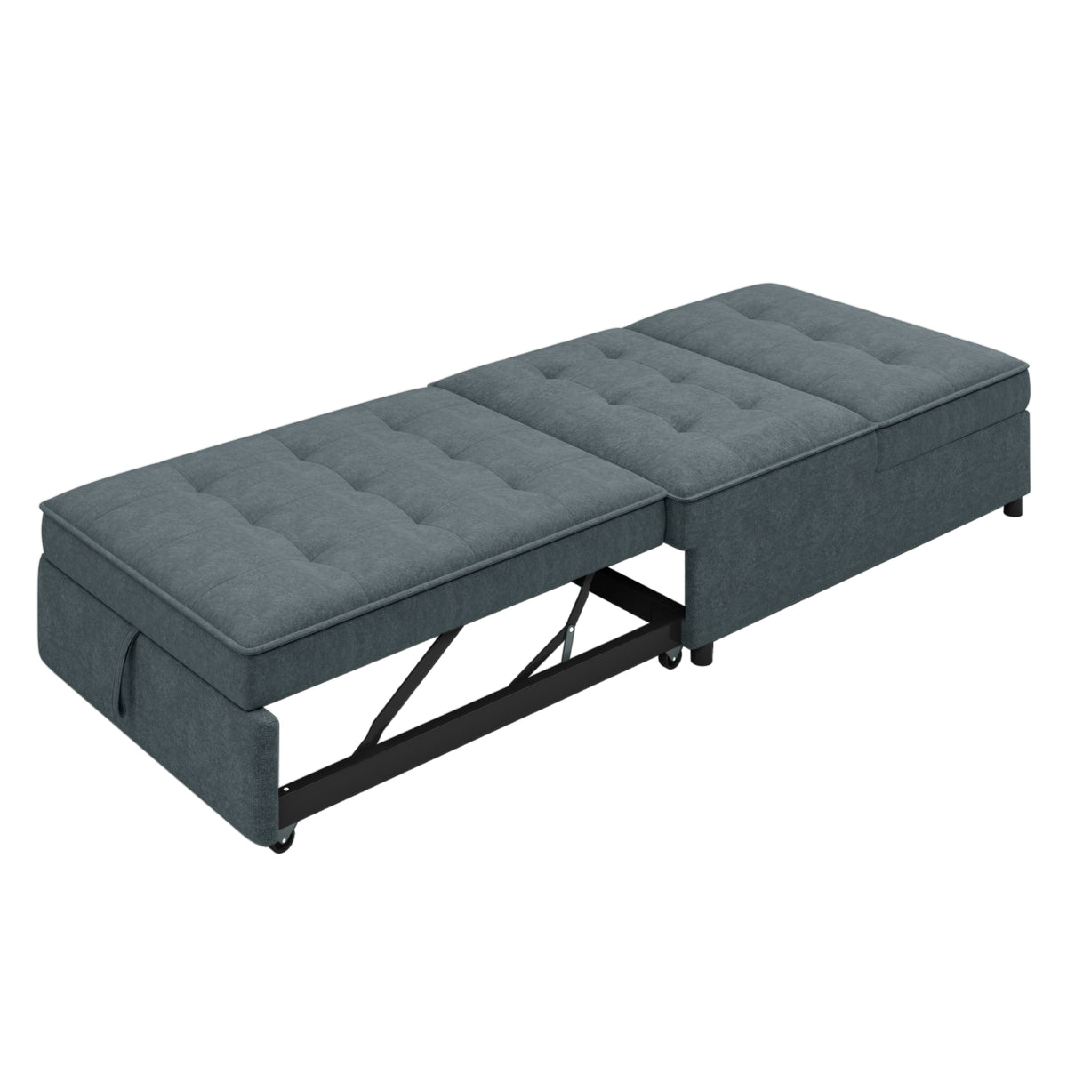 Dark blue American Smart four-in-one sofa bed with chair, folding ottoman, storage bag, and USB port, versatile and multifunctional.