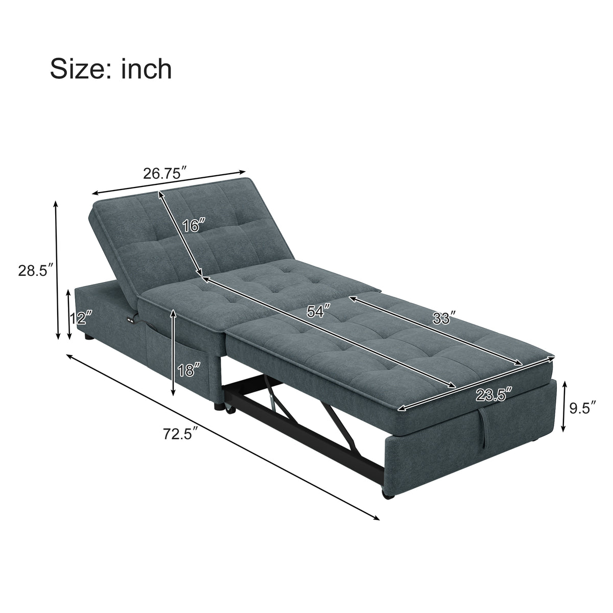 Dark blue American Smart EP four-in-one sofa bed with chair, folding Ottoman, storage, and USB port, shown in bed configuration.