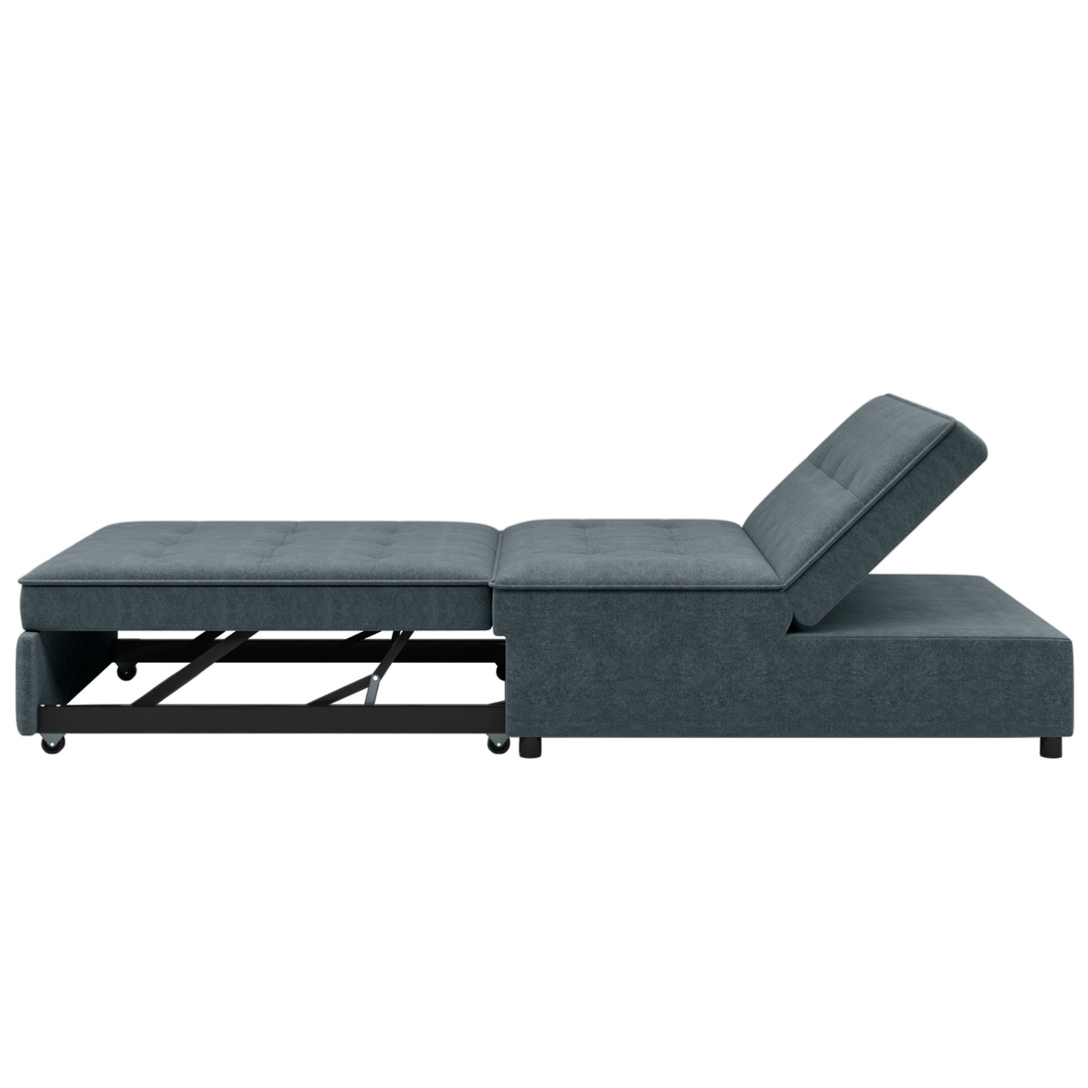 Dark blue American Smart four-in-one sofa bed with chair, folding Ottoman, storage, and USB port, showing its multifunctional design.