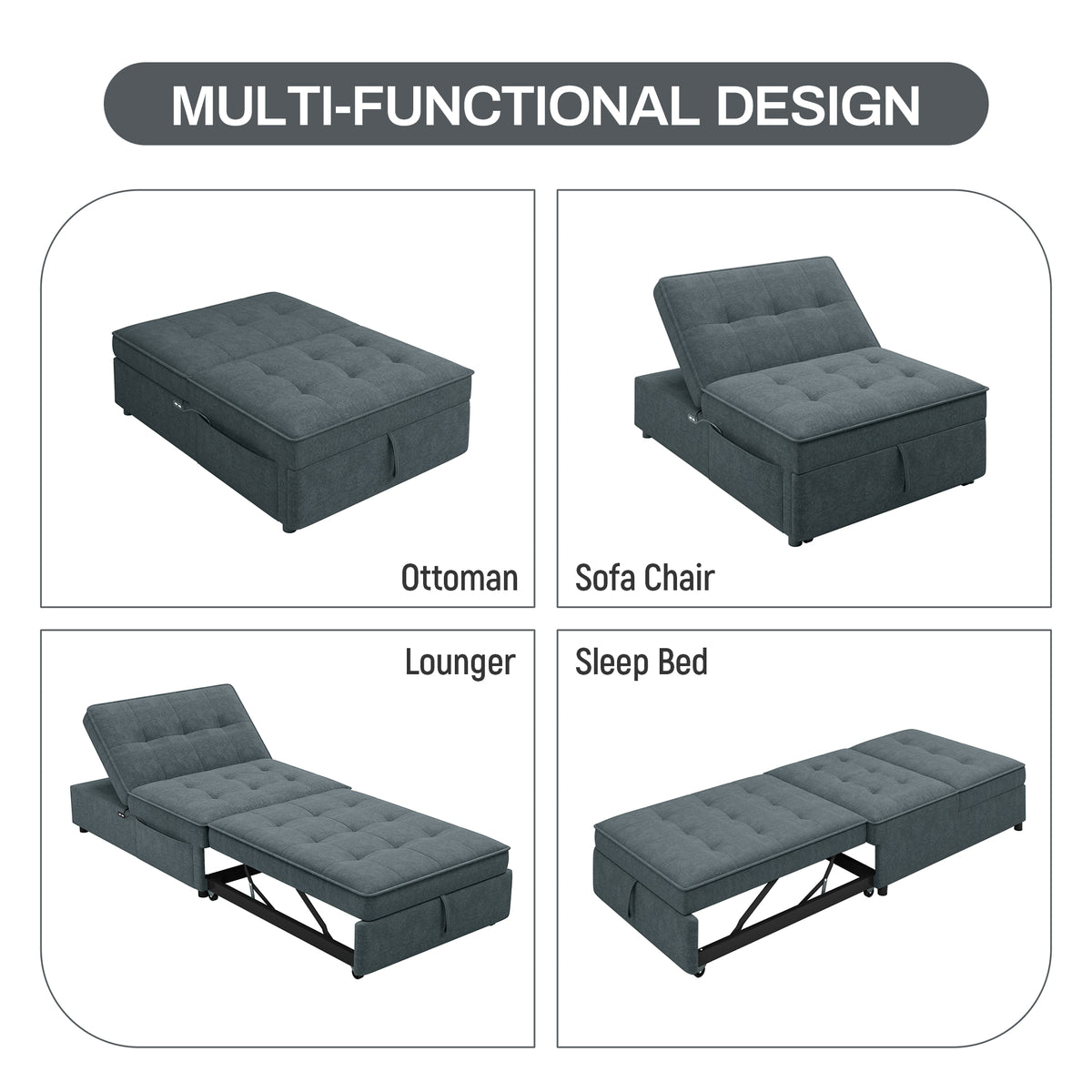 Dark blue American Smart four-in-one sofa bed with chair, folding Ottoman, storage, and USB port, showcasing its multi-functional design.