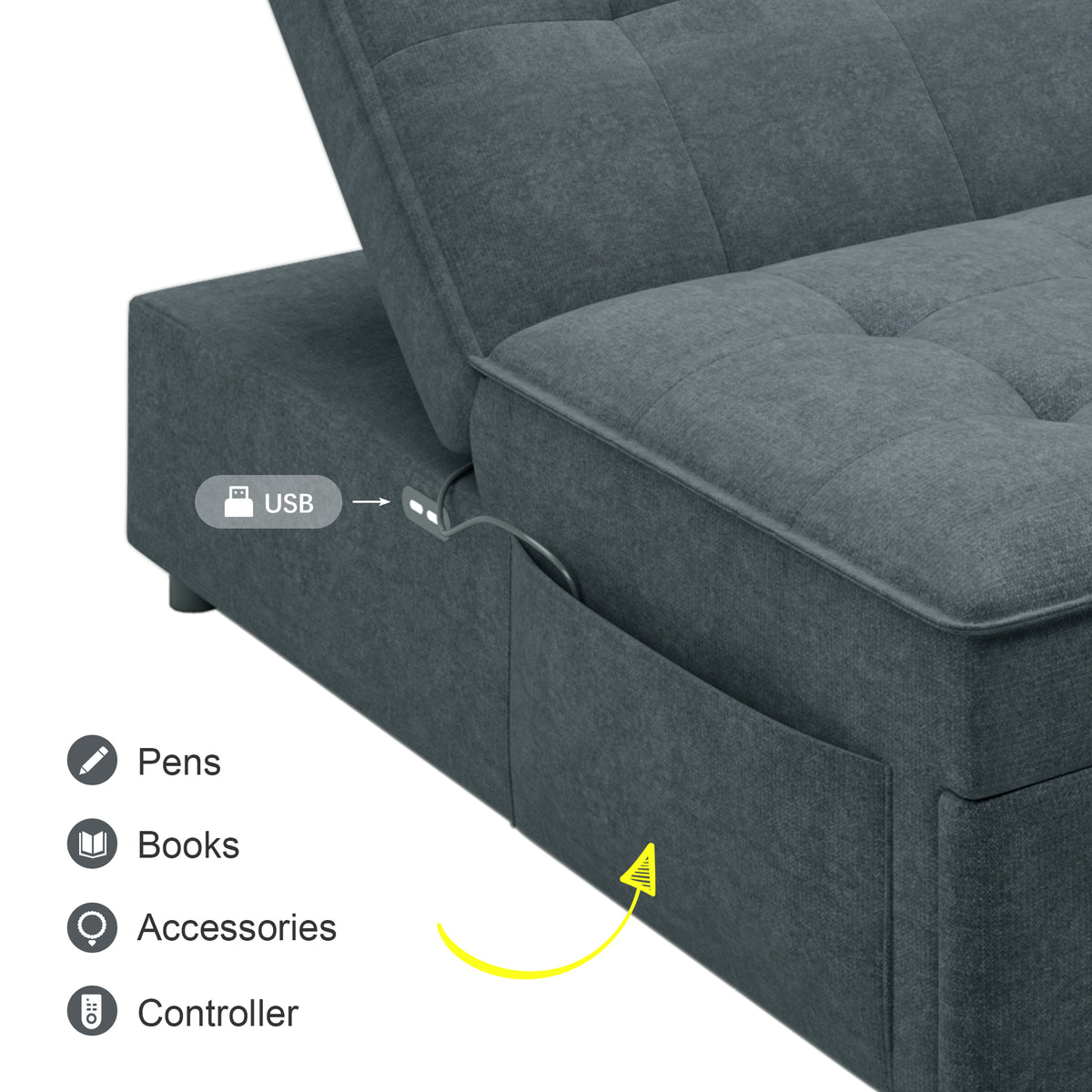 Dark blue four-in-one sofa bed with chair bed, folding Ottoman, storage bag, and USB port by American Smart - EP
