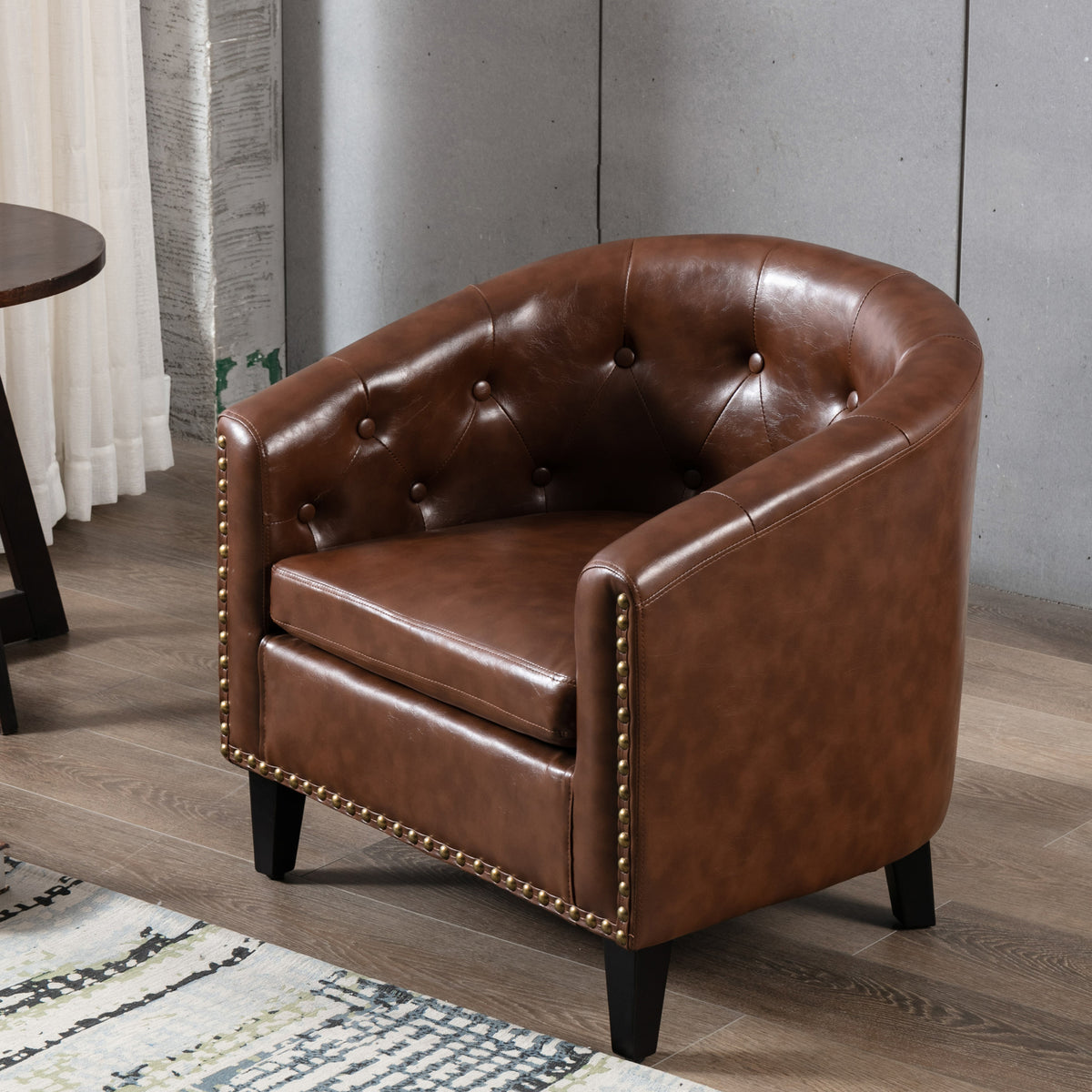 American Smart EP PU leather tufted barrel chair with padded upholstery, perfect for living rooms, bedrooms, or club areas.