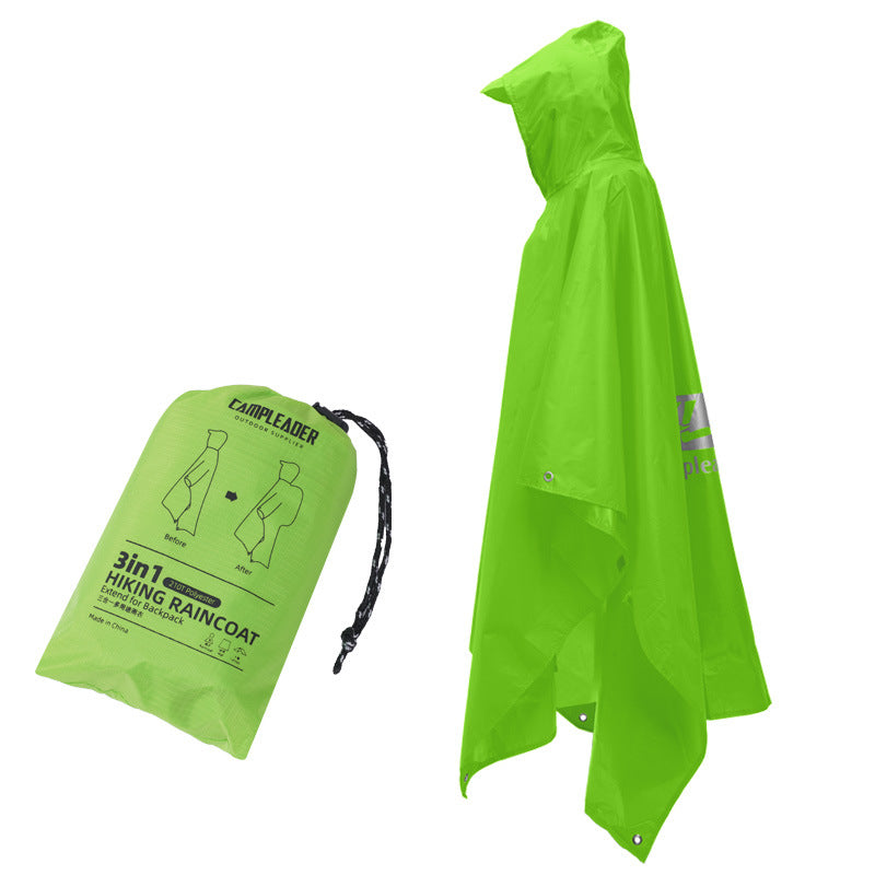 American Smart EP 3-in-1 waterproof rain poncho for motorcycle, camping, hiking, and travel, shown in bright yellow outdoor setting.