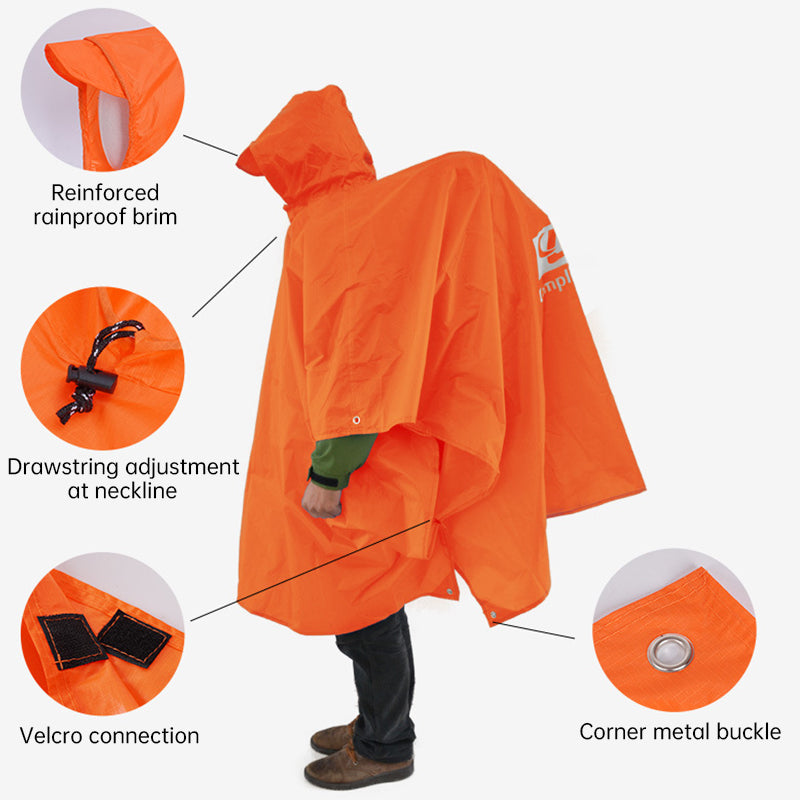 American Smart EP 3-in-1 waterproof rain poncho for motorcycle, camping, hiking, and travel, shown in outdoor setting.
