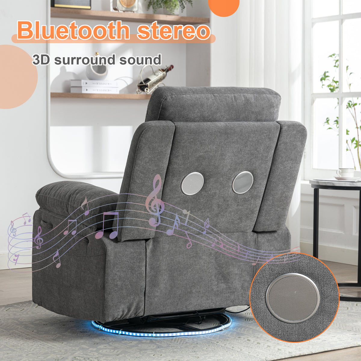 American Smart electric lounge chair with 270° rotation, Bluetooth speaker, LED lights, adjustable backrest, telescopic foot pedal.
