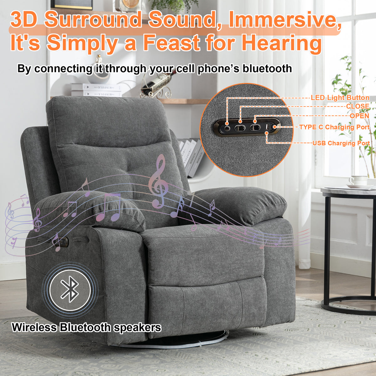 American Smart electric lounge chair with 270° rotation, Bluetooth speaker, LED light, adjustable backrest, and telescopic foot pedal